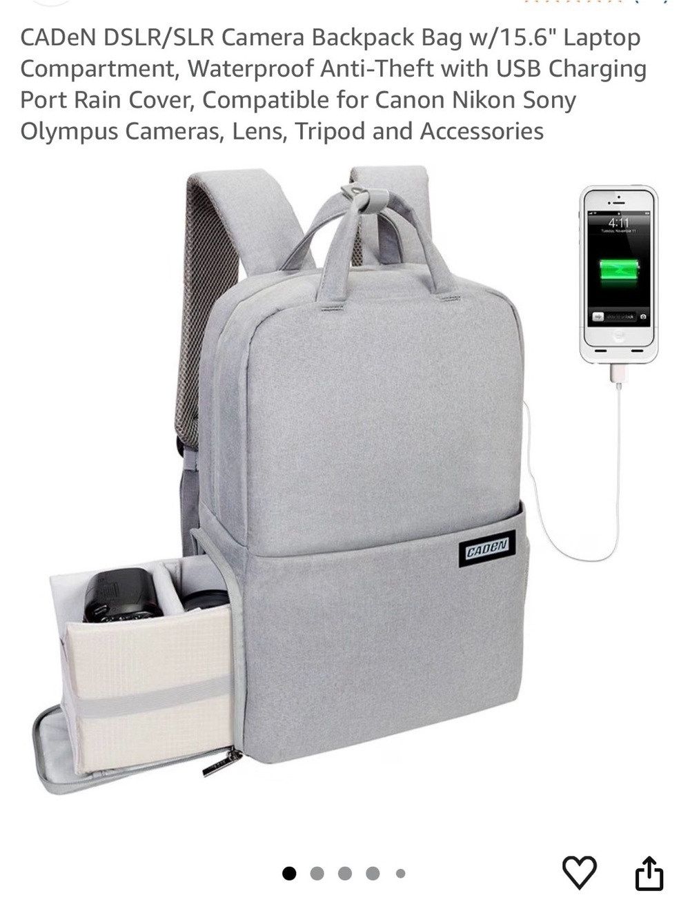 CADEN Light Gray DSLR Camera Backpack with USB Port- NEW